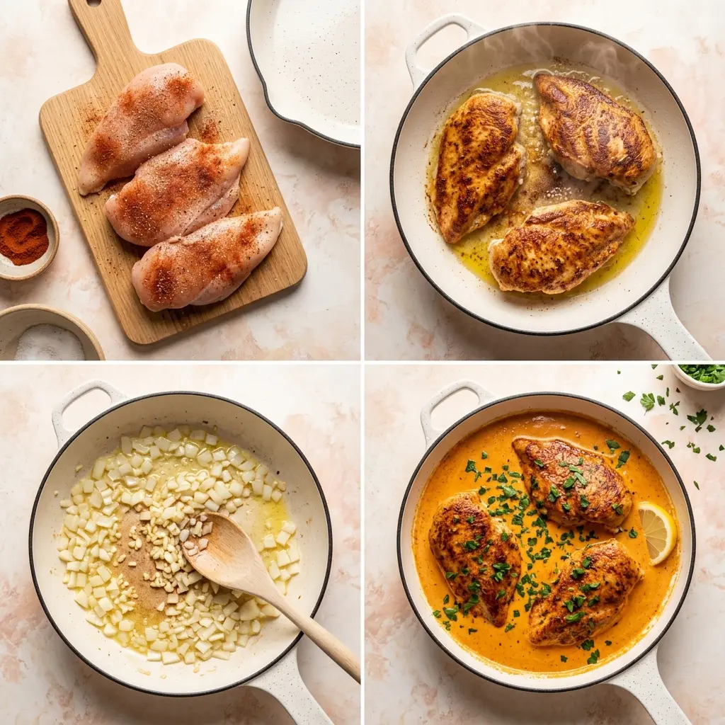 4-step cooking process collage for The Best Paprika Chicken showing seasoning, searing, sauteing, and simmering in paprika cream sauce