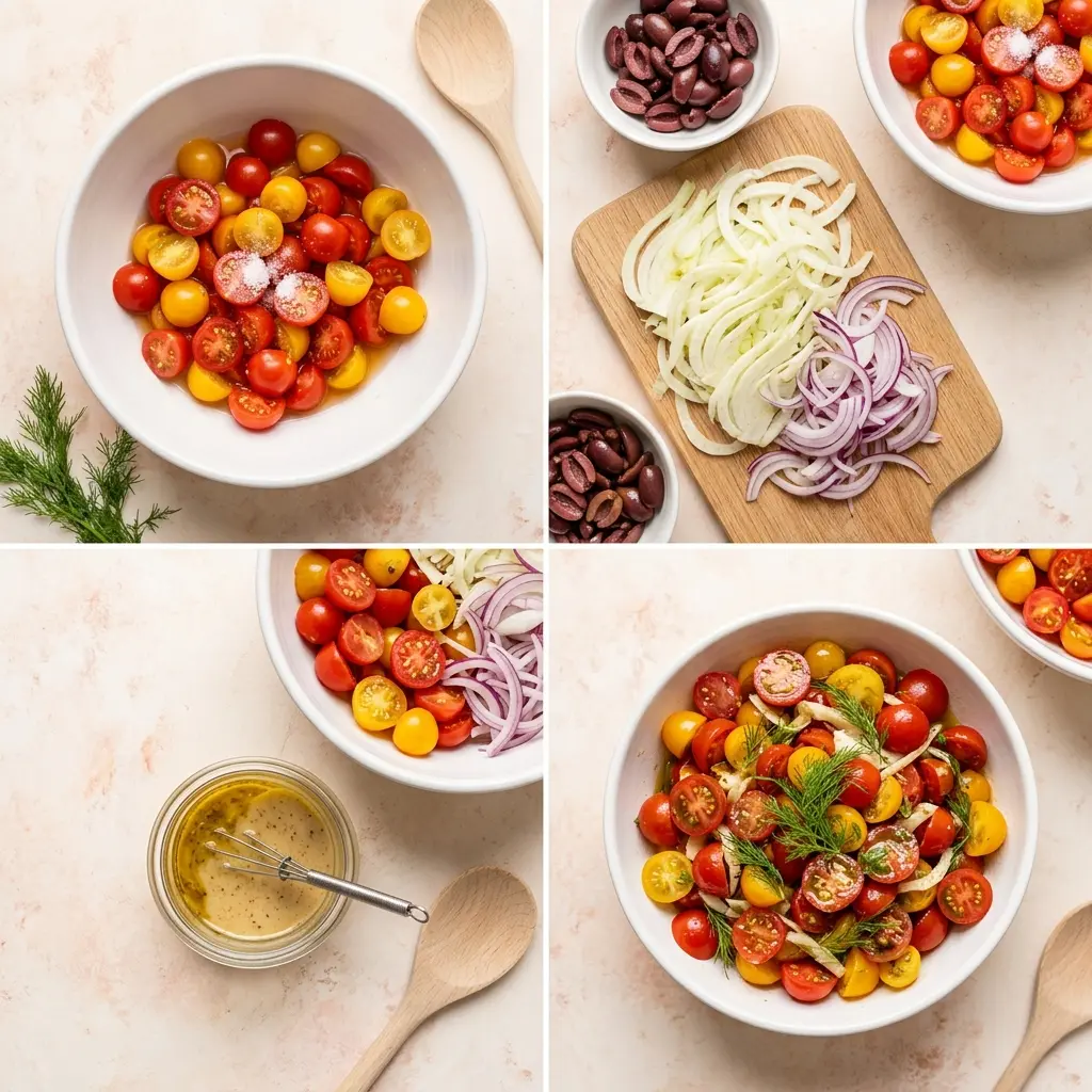 4-step cooking process collage for the best tomato salad showing prep, slicing, dressing, and finished dish