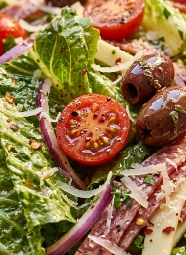 Close-up of Big Classic Italian Salad freshly made and ready to serve