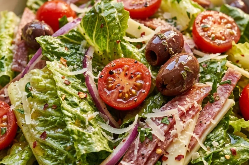 Close-up of Big Classic Italian Salad freshly made and ready to serve