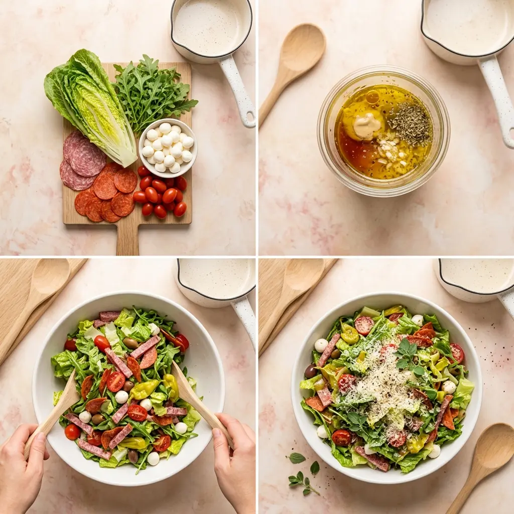 4-step cooking process collage for Big Classic Italian Salad showing prep, dressing, tossing, and plating
