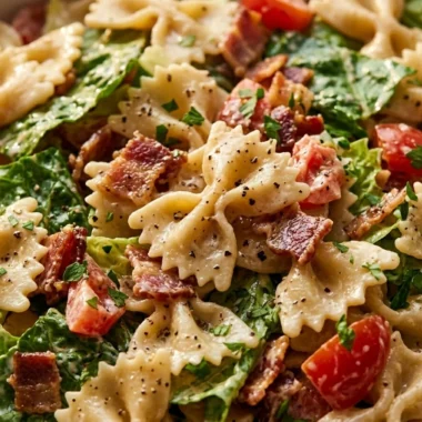 Close-up of BLT Pasta Salad freshly made and ready to serve