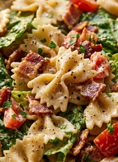 Close-up of BLT Pasta Salad freshly made and ready to serve