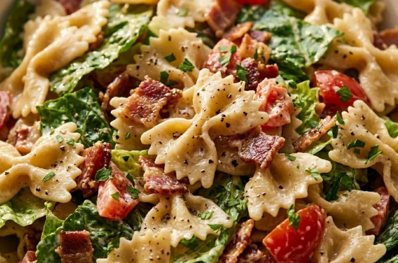 Close-up of BLT Pasta Salad freshly made and ready to serve