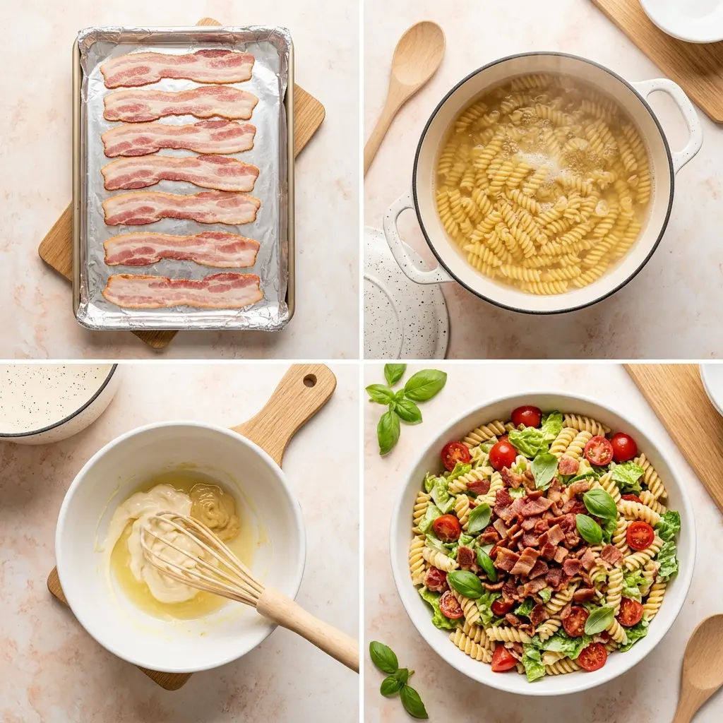 4-step cooking process collage for BLT Pasta Salad showing bacon prep, pasta boiling, dressing whisking, and final tossed salad