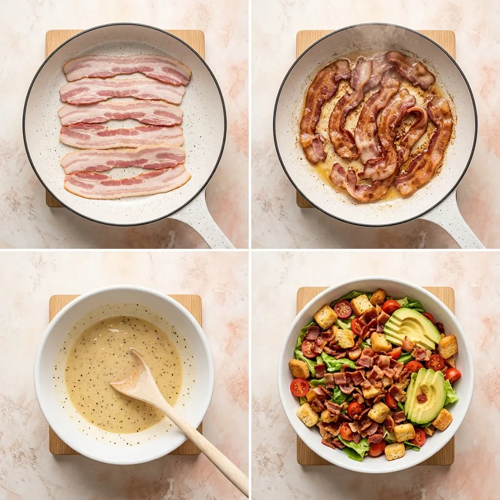 4-step cooking process for blt salad showing bacon crisping, dressing whisking, and final tossed salad
