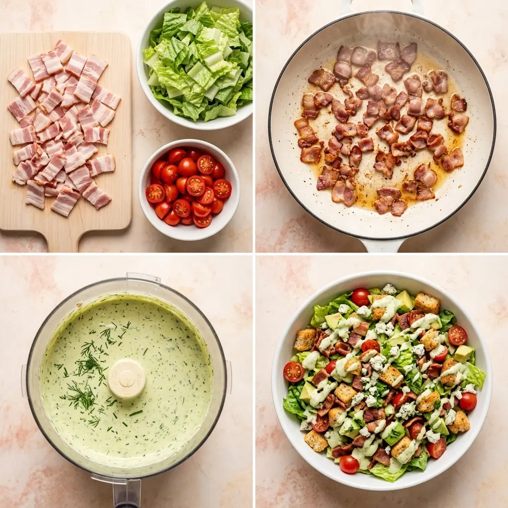 4-step cooking process collage for BLT Salad showing prep, bacon sizzling, dressing blending, and tossed salad