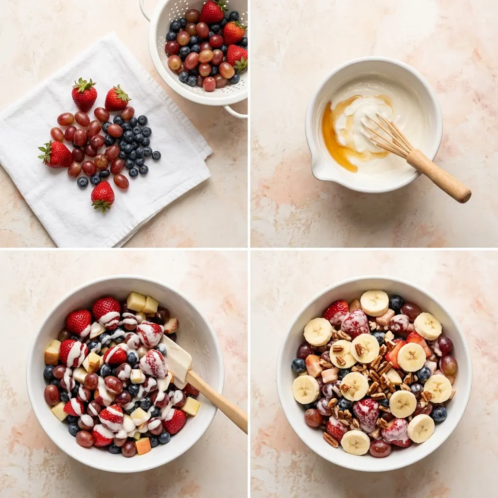 4-step cooking process collage for breakfast fruit salad showing drying fruit, whisking dressing, folding together, and plated with banana and pecans