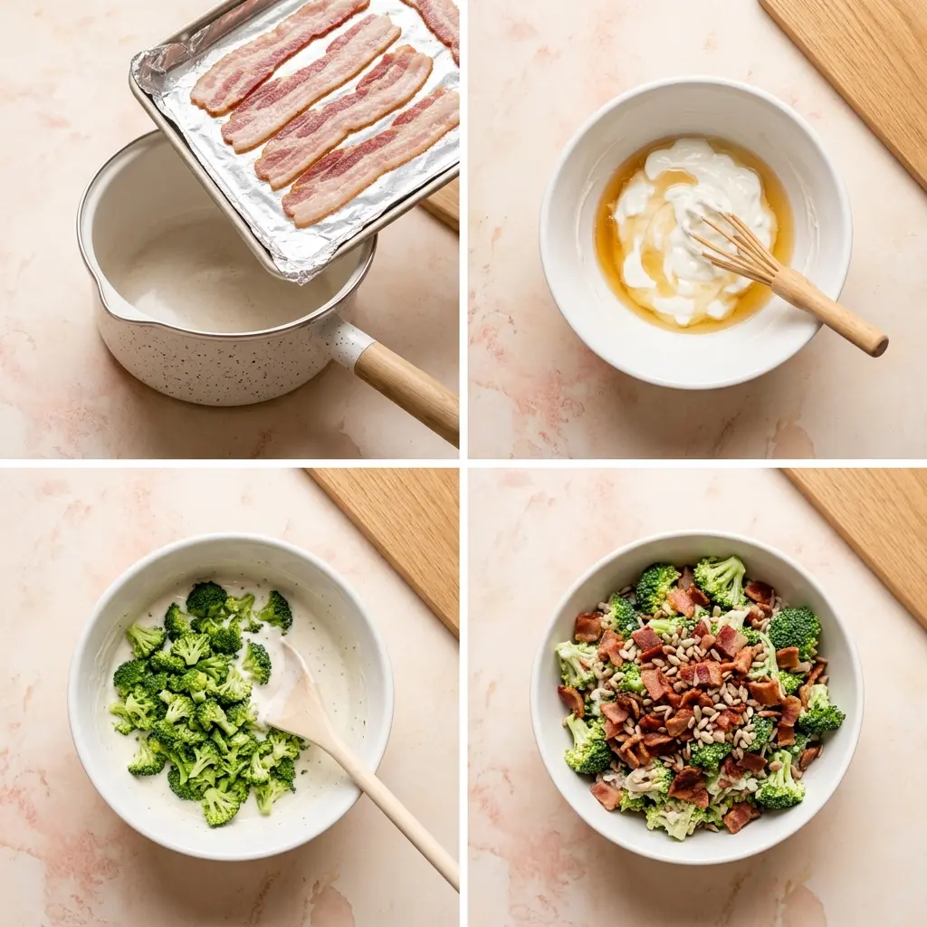 4-step cooking process collage for easy broccoli bacon salad showing bacon prep, whisking dressing, folding broccoli, and plating the finished salad