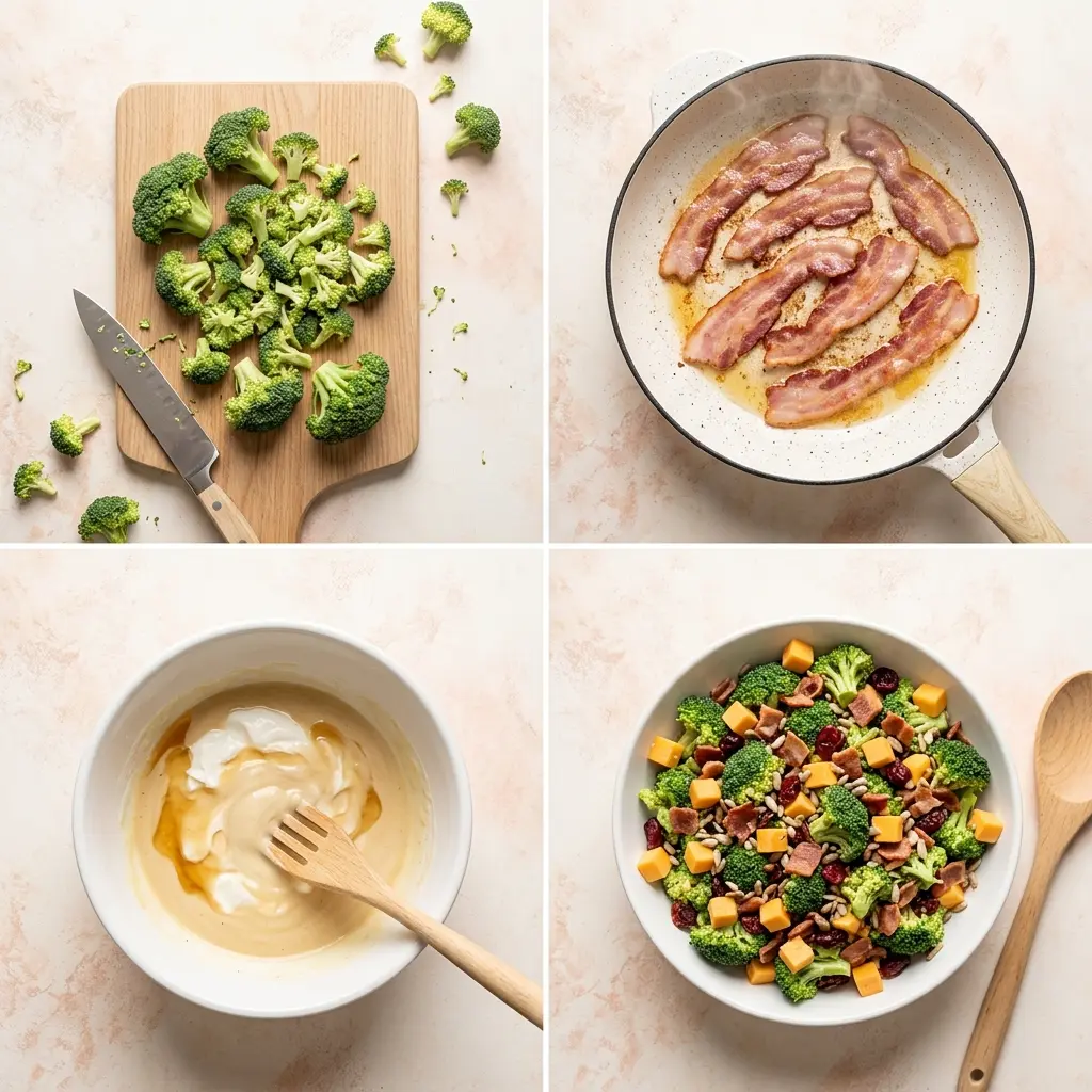 4-step cooking process collage for easy broccoli bacon salad showing chopping broccoli, crisping bacon, whisking yogurt dressing, and the finished tossed salad