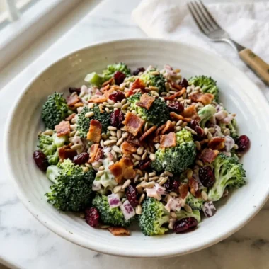 classic broccoli salad with bacon topped with sunflower seeds and dried cranberries in a white bowl