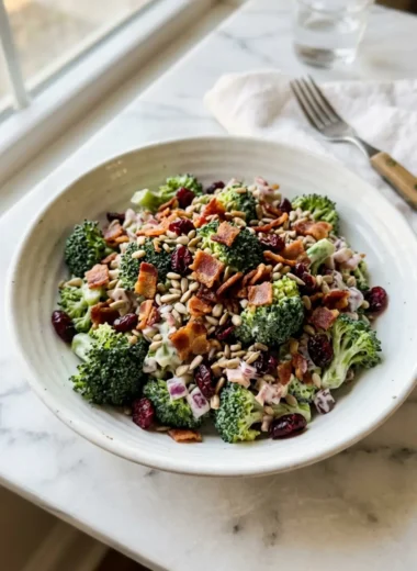 classic broccoli salad with bacon topped with sunflower seeds and dried cranberries in a white bowl