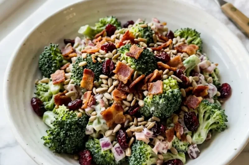 classic broccoli salad with bacon topped with sunflower seeds and dried cranberries in a white bowl