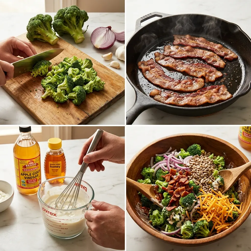 4-step cooking process collage for classic broccoli salad with bacon showing prep, searing, dressing, and tossing