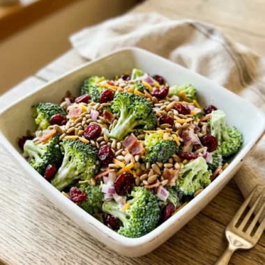 Best Broccoli Salad (No Mayo) with Creamy Lemon Dressing 5 Best Broccoli Salad (No Mayo) in white ceramic bowl with cranberries and seeds