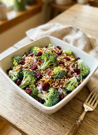 Best Broccoli Salad (No Mayo) in white ceramic bowl with cranberries and seeds