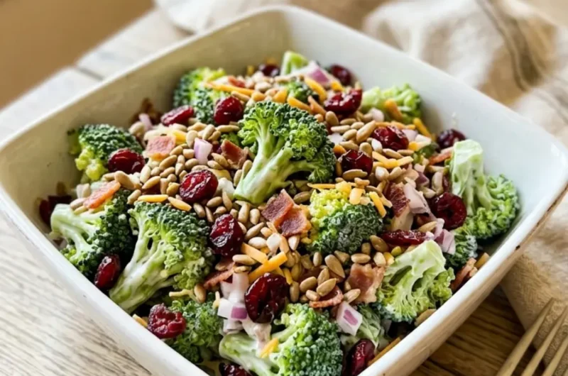 Best Broccoli Salad (No Mayo) with Creamy Lemon Dressing 1 Best Broccoli Salad (No Mayo) in white ceramic bowl with cranberries and seeds