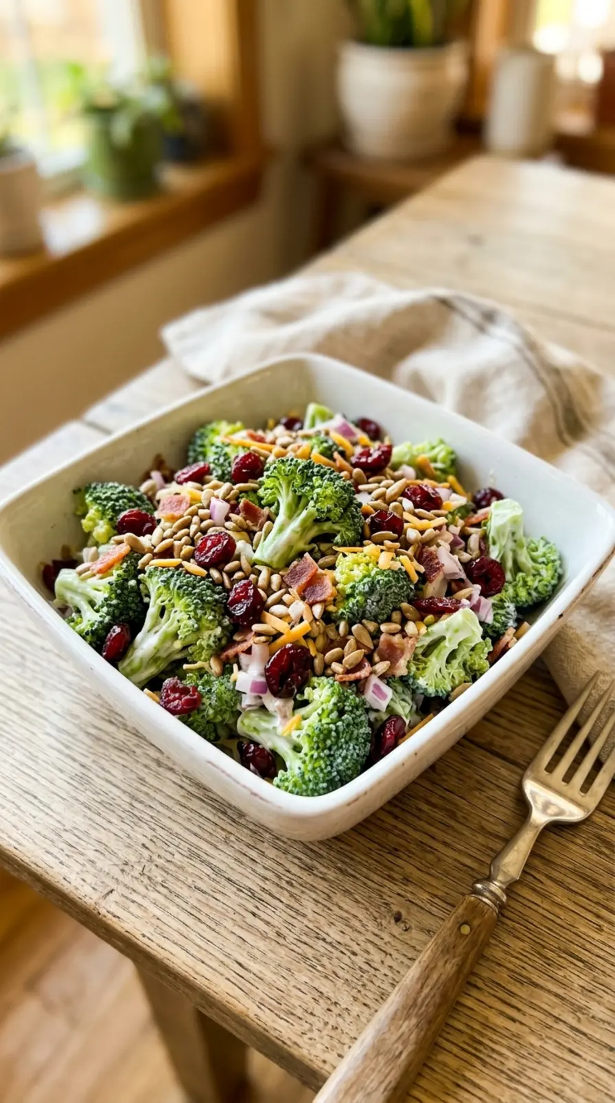 Best Broccoli Salad (No Mayo) in white ceramic bowl with cranberries and seeds