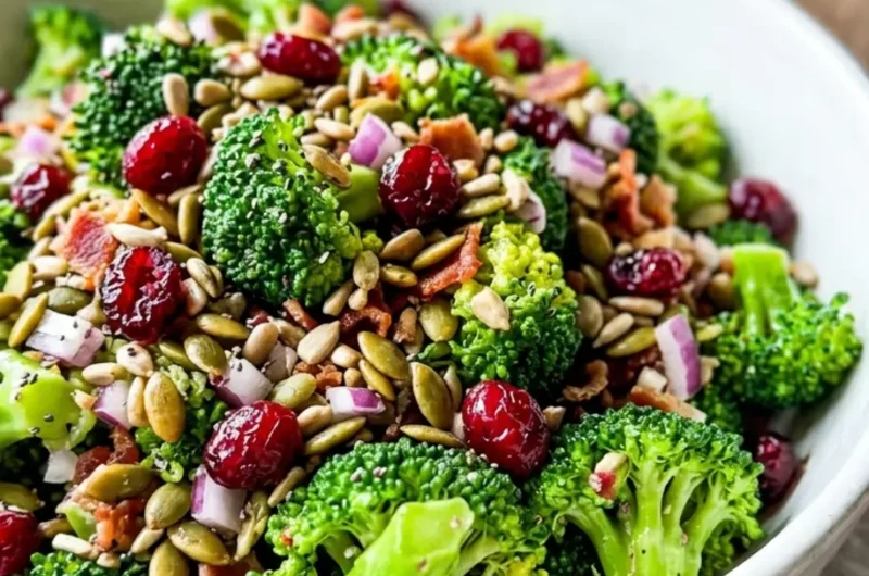 Best Broccoli Salad (No Mayo) with Creamy Lemon Dressing 3 Best Broccoli Salad (No Mayo) Pinterest pin showing vibrant crunch salad with cranberries and sunflower seeds