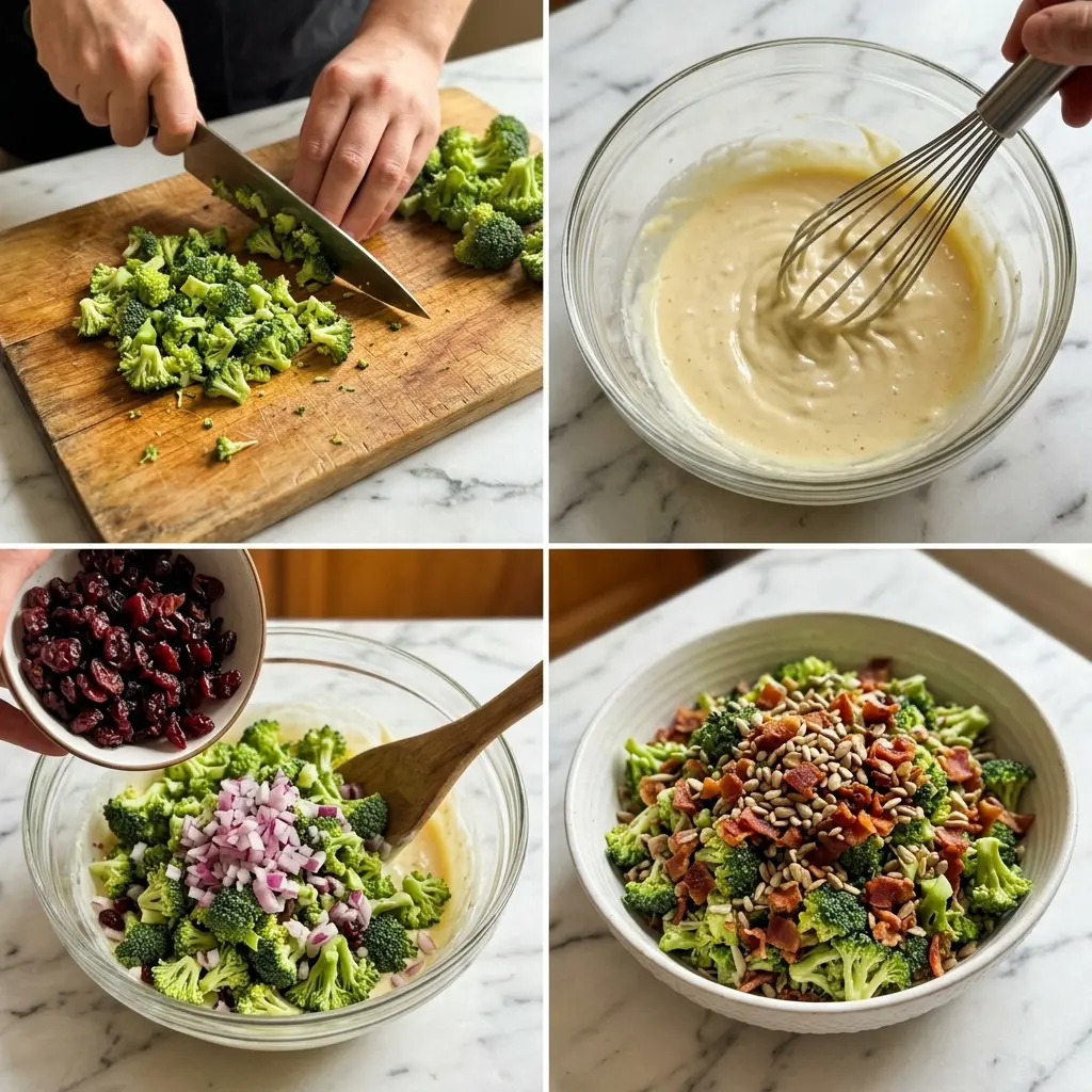 Best Broccoli Salad (No Mayo) with Creamy Lemon Dressing 2 4-step cooking process collage for Best Broccoli Salad (No Mayo): chopping, whisking dressing, tossing, and final dish