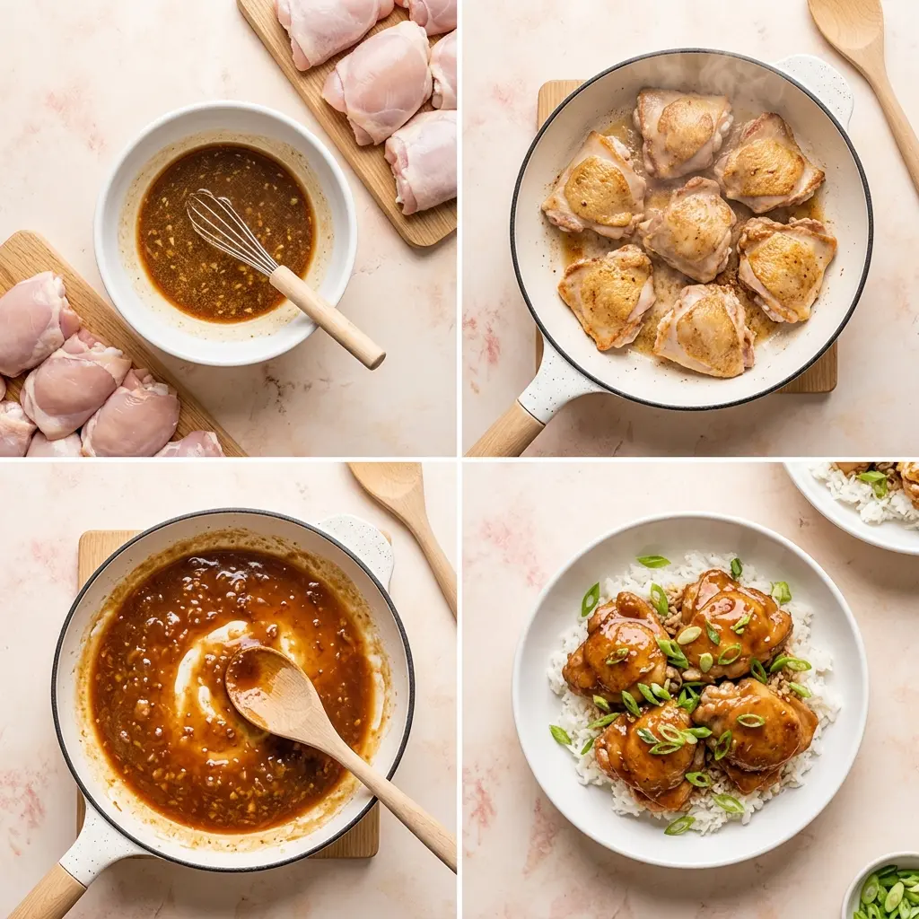 4-step cooking process collage for Brown Sugar Garlic Chicken showing prep, searing, combining sauce, and plating