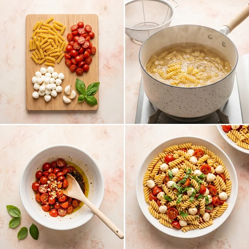 4-step cooking process collage for delicious bruschetta pasta salad showing prep, boiling, mixing, and the finished dish
