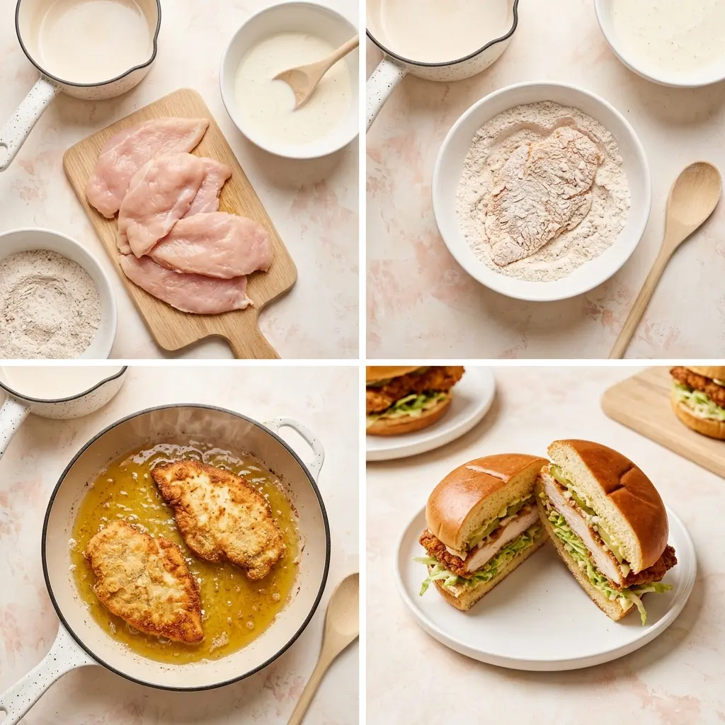 4-step cooking process collage for Cajun crispy chicken sandwich showing prep, breading, frying, and final sandwich