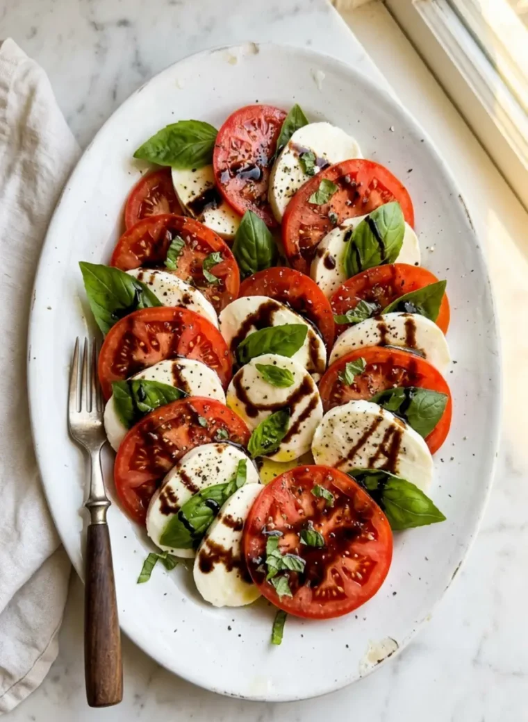 Caprese Salad with Balsamic Glaze on a white platter with fresh basil and glossy glaze
