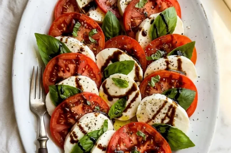 Caprese Salad with Balsamic Glaze on a white platter with fresh basil and glossy glaze