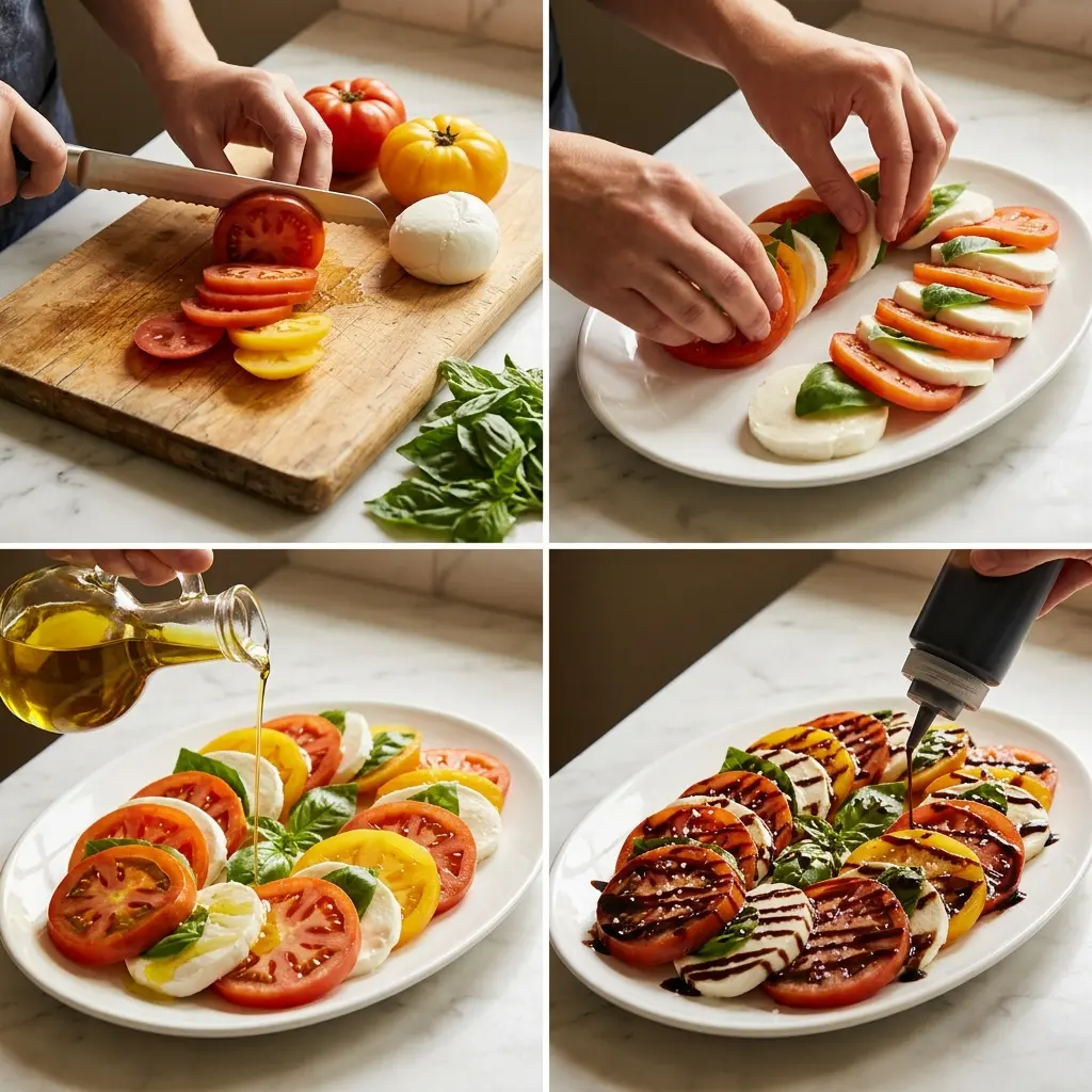 4-step cooking process collage for Caprese Salad with Balsamic Glaze showing slicing, arranging, drizzling oil, and finishing with glaze