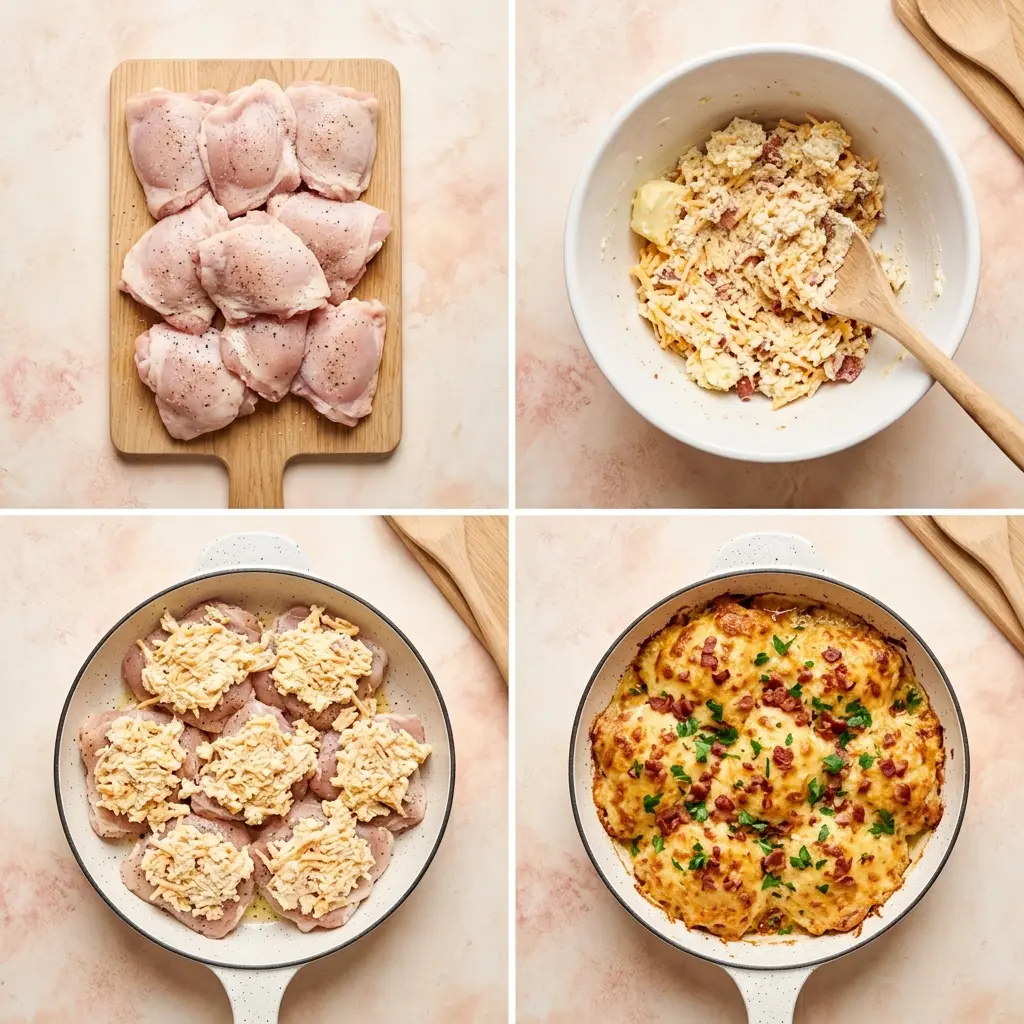 4-step cooking process for Cheddar Ranch Baked Chicken showing prep, mixing topping, topping chicken, and baked golden finished dish