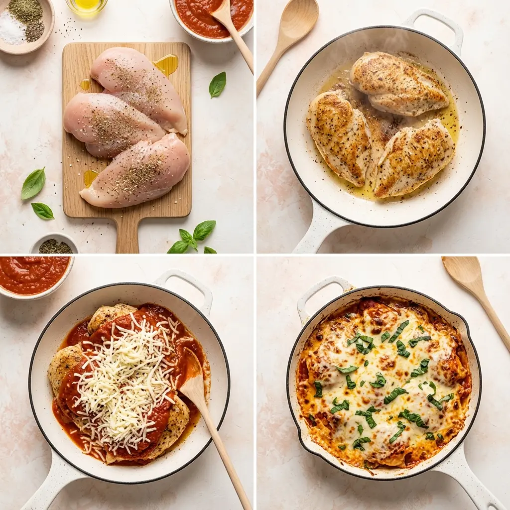 4-step cooking process collage for cheesy marinara chicken bake showing prep searing layering and baked result