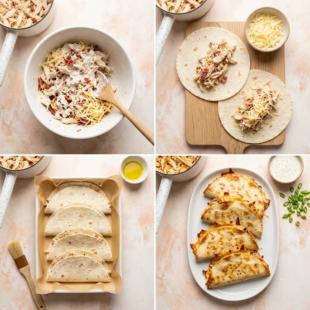 4-step cooking process collage for chicken bacon ranch tacos showing mixing, filling, arranging, and baked tacos