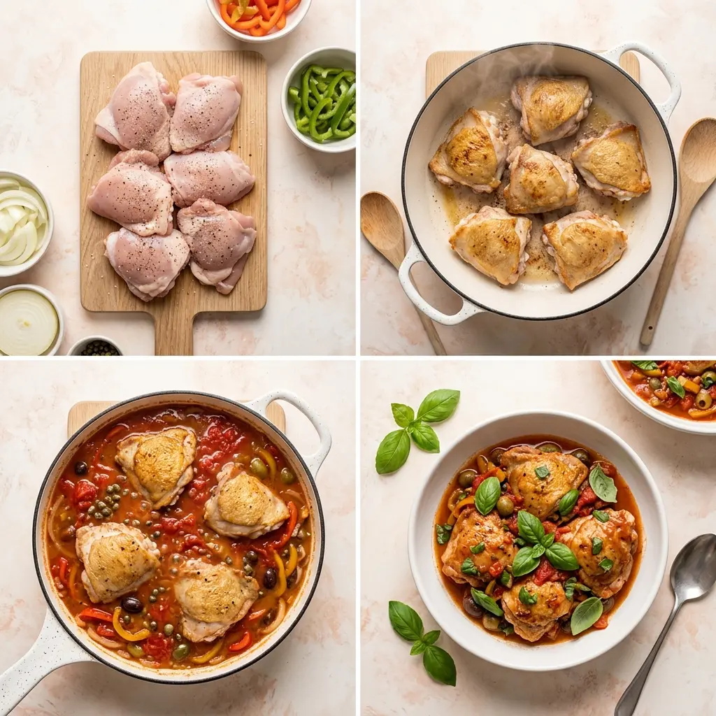 4-step cooking process collage for Chicken Cacciatore showing prep, searing, sauce building, and plating
