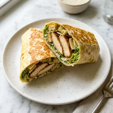 Sliced chicken Caesar wrap on white ceramic plate showing crispy romaine, seared chicken, and Parmesan filling