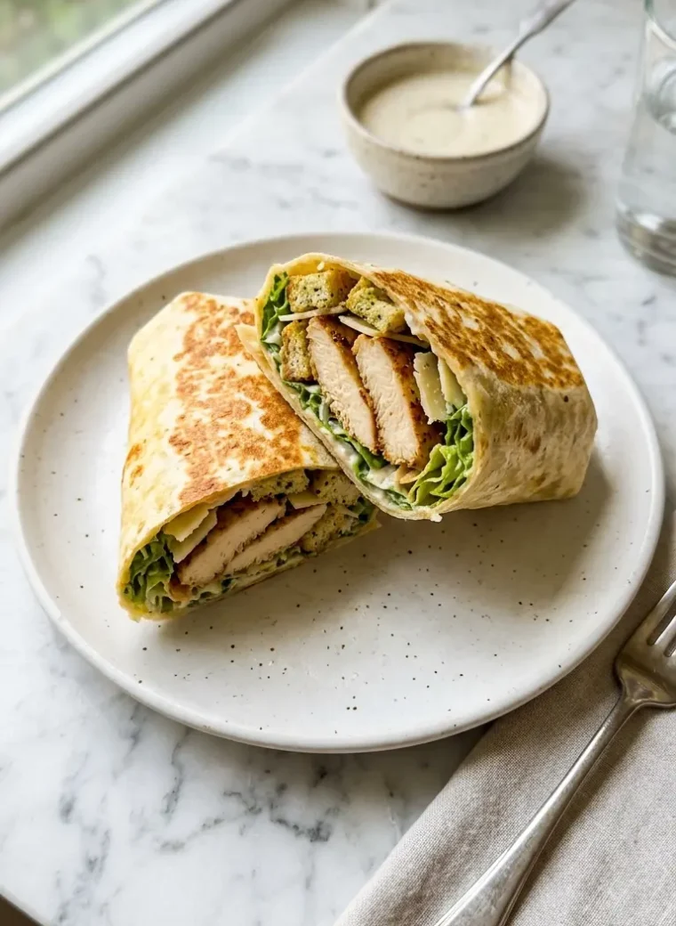 Sliced chicken Caesar wrap on white ceramic plate showing crispy romaine, seared chicken, and Parmesan filling