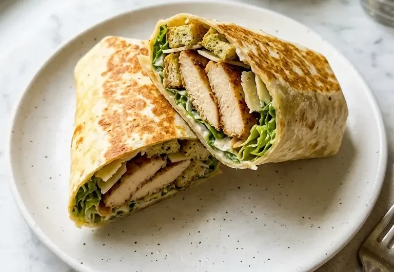 Sliced chicken Caesar wrap on white ceramic plate showing crispy romaine, seared chicken, and Parmesan filling