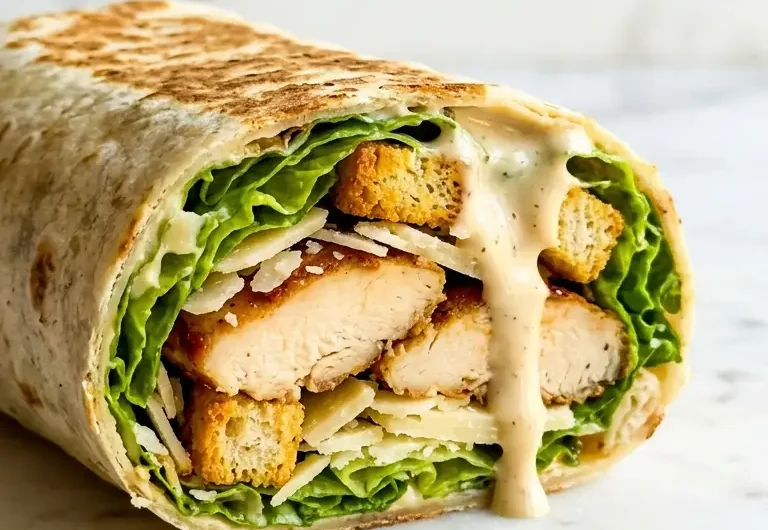 Pinterest pin image for chicken caesar wrap showing cross-section with golden chicken, romaine, and Caesar dressing