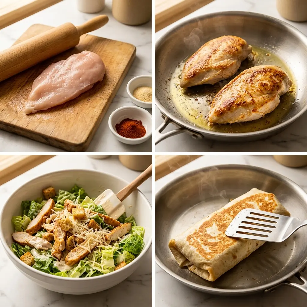 4-step cooking process collage for chicken caesar wrap showing seasoning, searing, tossing, and toasting