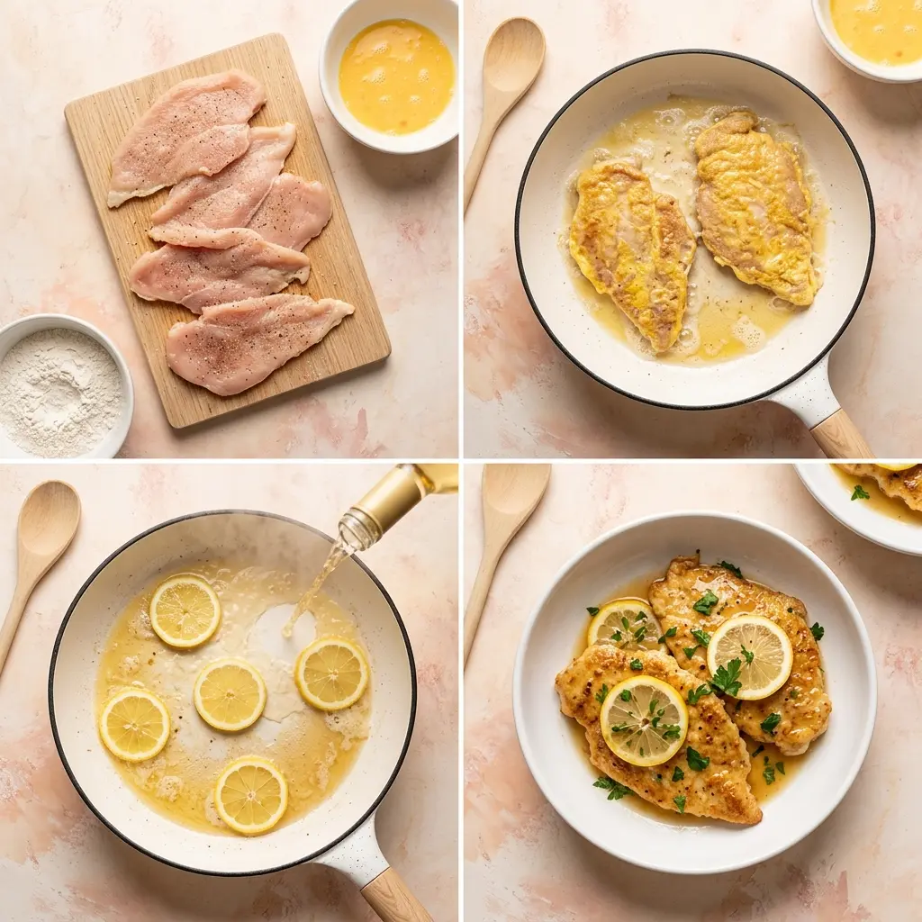 4-step cooking process collage for Chicken Francese showing prep, searing, sauce building, and plating
