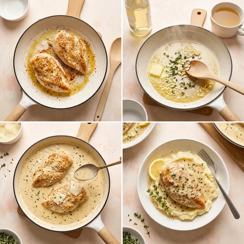 4-step cooking process for chicken in white wine sauce showing searing, sauce building, simmering, and plated dish