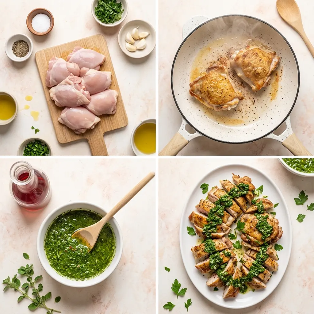 4-step cooking process collage for chimichurri chicken thighs showing prep, searing, mixing sauce, and plating