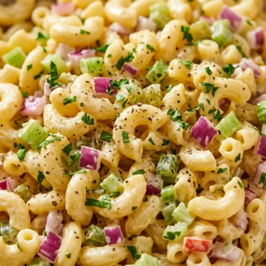 Close-up of Classic Macaroni Salad freshly made and ready to serve