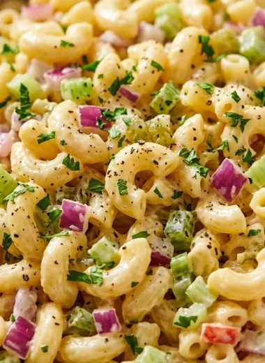 Close-up of Classic Macaroni Salad freshly made and ready to serve