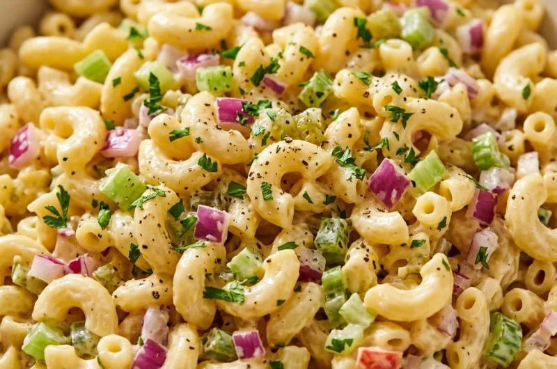 Close-up of Classic Macaroni Salad freshly made and ready to serve