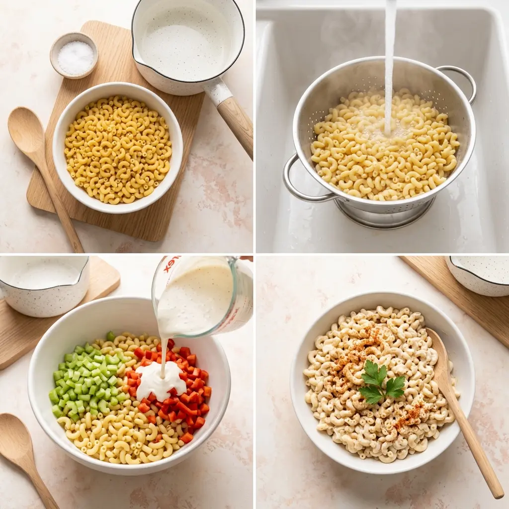 4-step cooking process collage for classic macaroni salad showing prep, rinsing, combining, and plating