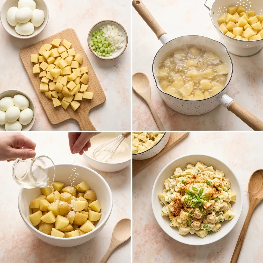 4-step cooking process collage for classic southern potato salad showing prep, boiling, seasoning, and the finished bowl