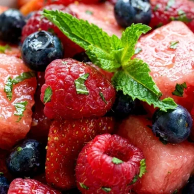 Close-up of Colorful Mojito Fruit Salad freshly made and ready to serve