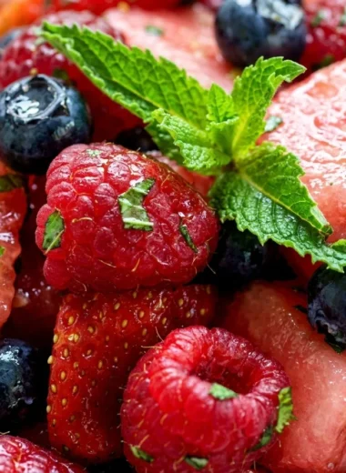 Close-up of Colorful Mojito Fruit Salad freshly made and ready to serve