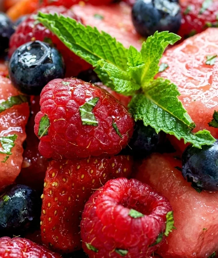 Close-up of Colorful Mojito Fruit Salad freshly made and ready to serve